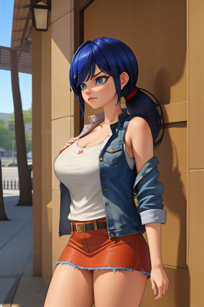 (8k, RAW photo, best quality, masterpiece:1.2), (intricate details), perfect eyes, perfect face, perfect lighting, beautiful, (masterpiece:1.2), (best quality:1.2), 1girl, solo, marinette, blue hair, (( hair in ponytail, bangs over one eye )), adult torso, 19 years old, angry, huge sized breasts, (tank top, denim jacket, red skirt), cowboy shot, 3DMM, standing, front view, 