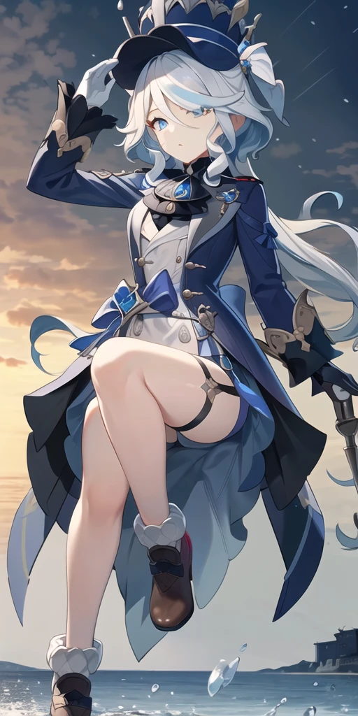 (masterpiece, best quality, highres),
furina, full body, top hat, tailcoat, boots, cowboy shot,
outdoors, street, building,"Depict Furina from Genshin Impact wearing a Soviet naval officer uniform. The outfit should include a dark naval coat with gold buttons, a high-collared white blouse, dark trousers, and polished black boots. She should also wear a peaked naval cap adorned with a Soviet emblem. Features of Furina: blue eyes, long white hair, and a serious expression. The background should feature the Black Sea in winter, with a cold, snowy landscape and the sea in the distance under a cloudy sky."