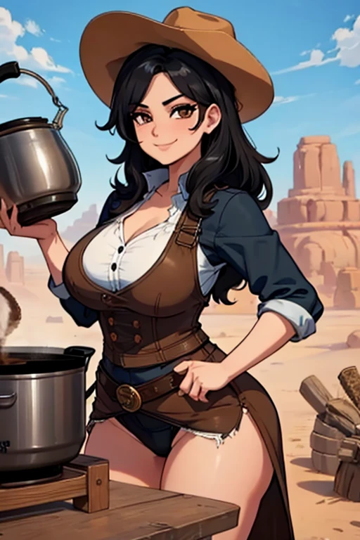 Perfect face, Perfect hands. A black haired female cowgirl with brown eyes and an hourglass figure in a conservative cowgirl's outfit is cooking a pot of coffee over a campfire with a big smile in the desert