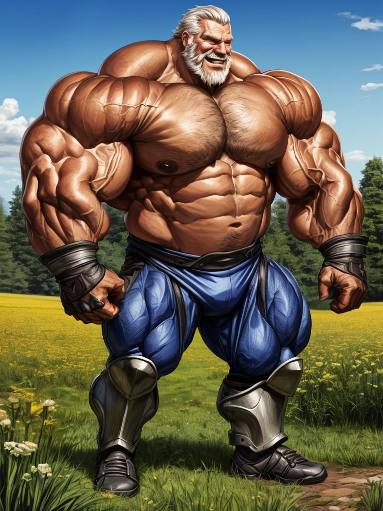huge muscular old man in meadow, wearing armor, battle fields, white and short hair, white beard, old, old man, grandpa, (huge muscular), detailed muscles, 8k, masterpiece:1.2, hyper realistic, highly detailed full body, ((really big muscle, massive muscular, sixpack, thick arms, wide pectoral, super huge muscle, hyper muscular, over sized muscle, huge arms, big arms, huge pectoral)), natural lighting wrinkled skin, happy expression