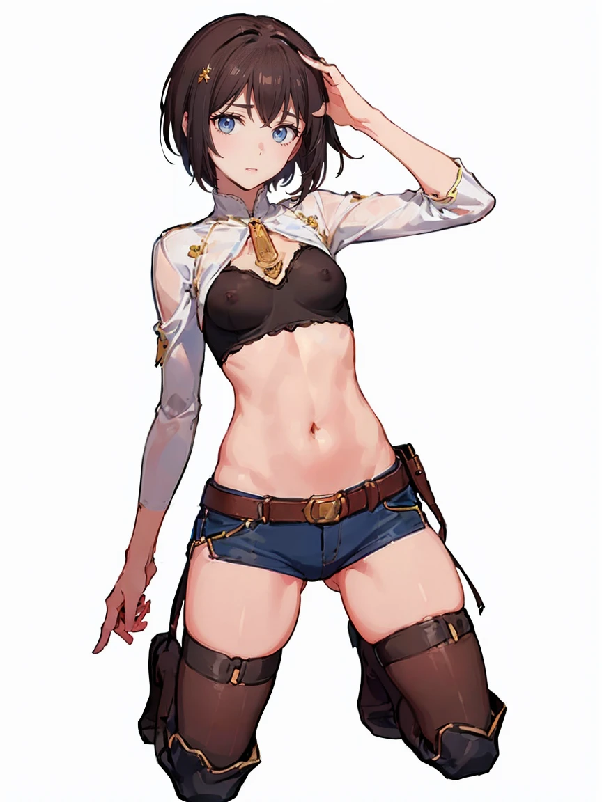 ((cute, 1 Girl, Liza, workshop, Alchemist, White Beret, Red shorts, Over the knee boots,)),(((Her black underwear is visible, Nipples are slightly visible, valley, Small breasts, ))、woman,Cowboy Shot, (((white background))) 、Best image quality, high quality, The background is clear,きれいなwoman, Japanese, detailed, detailed eyes, detailed skin, Beautiful Skin, 超High resolution, (reality: 1.4),とても美しいwoman, A younger face, Beautiful Skin, thin, (Ultra-photorealism), (High resolution), (8K), (非常にdetailed) 、(Beautiful and detailed eyes), (非常にdetailed), (detailed face), Displaying the viewer, Fine details, detailed face, (((smile:1.4))),Straight,Looking Ahead, StraightLooking Ahead, Photo Real,Hairstyle: ponytail、((((short hair:1.5))),Brown Hair、smile、Very delicate body、Very flat chest、hair over one eye, from below,(Kneel, On all fours:1.2), ( Looking at the audience:1.4), (Stick your butt out:1.2), Dutch Angle、Normal limbs、(((Kneeling)))