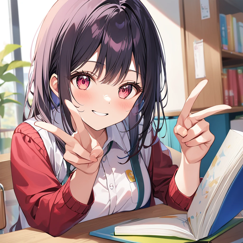 A confident smile, Two students demonstrating a gesture commonly associated with a peace sign while speaking by textbook, skirt, Black Hair, indoor, in, Book, shirt, ((((complete fiine fingers))))