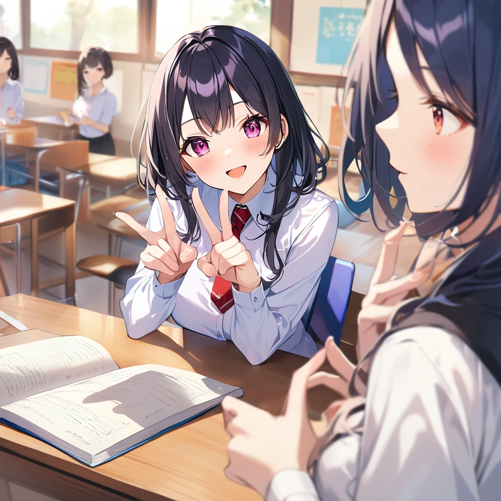 A confident smile, Two students demonstrating a gesture commonly associated with a peace sign while speaking by textbook, skirt, Black Hair, indoor, in, Book, shirt, ((((complete fiine fingers))))