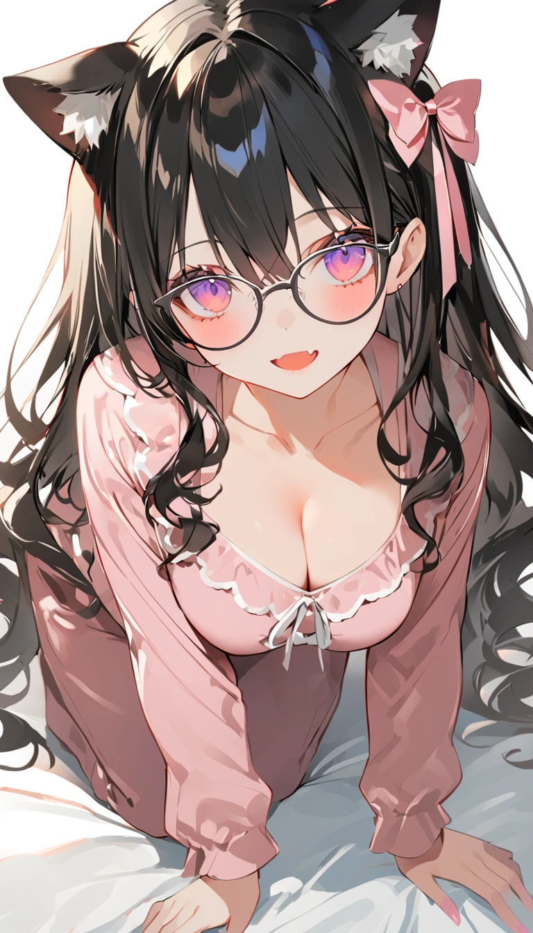 an anime drawing of a woman in purple pyjamas kneeling down, 1girl, breasts, pajamas, animal ears, hanekawa tsubasa, solo, black hair, cat print, long hair, cat ears, large breasts, cleavage, glasses, blush, all fours, fang, looking at viewer