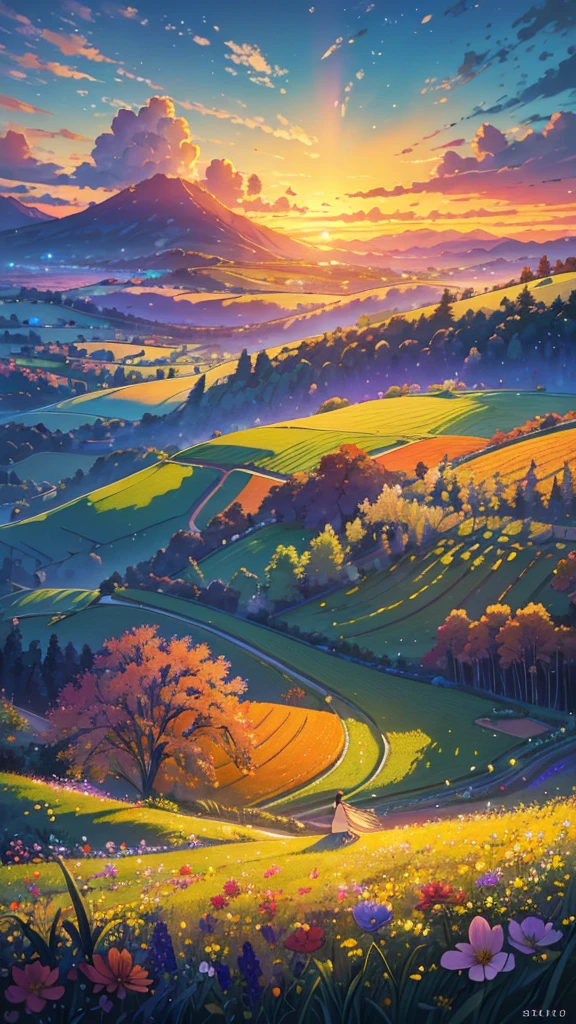 (Highest quality,High resolution,masterpiece:1.2),Super detailed,Realistic:1.37,Beautiful images,Flower Field,sunsetの景色,Low angle view,Focus on the flowers and grass,sunsetの色,Vibrant colors,Warm tones,Soft lighting,Subtle Shadows,Paint-like rendering,Impressionist style,野のFlower Field,swaying grass,Peaceful atmosphere,sunset,Serene atmosphere,Quiet environment,Immersive perspective,Natural beauty,Breathtaking views.16K, 超High resolution, 超High resolution, born,Fantastic ,future、Shining in rainbow colors、The world 30 years from now。