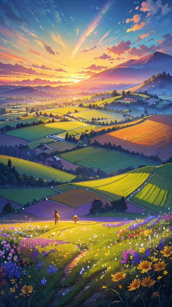 (Highest quality,High resolution,masterpiece:1.2),Super detailed,Realistic:1.37,Beautiful images,Flower Field,sunsetの景色,Low angle view,Focus on the flowers and grass,sunsetの色,Vibrant colors,Warm tones,Soft lighting,Subtle Shadows,Paint-like rendering,Impressionist style,野のFlower Field,swaying grass,Peaceful atmosphere,sunset,Serene atmosphere,Quiet environment,Immersive perspective,Natural beauty,Breathtaking views.16K, 超High resolution, 超High resolution, born,Fantastic ,future、Shining in rainbow colors、The world 30 years from now。