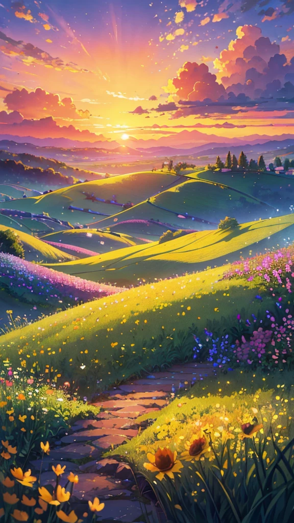 (Highest quality,High resolution,masterpiece:1.2),Super detailed,Realistic:1.37,Beautiful images,Flower Field,sunsetの景色,Low angle view,Focus on the flowers and grass,sunsetの色,Vibrant colors,Warm tones,Soft lighting,Subtle Shadows,Paint-like rendering,Impressionist style,野のFlower Field,swaying grass,Peaceful atmosphere,sunset,Serene atmosphere,Quiet environment,Immersive perspective,Natural beauty,Breathtaking views.16K, 超High resolution, 超High resolution, born,Fantastic ,future、Shining in rainbow colors、The world 30 years from now。