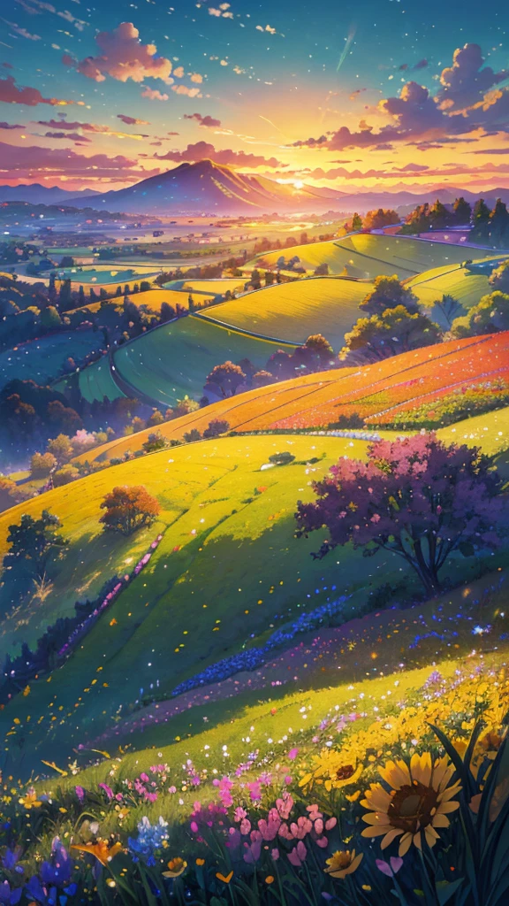 (Highest quality,High resolution,masterpiece:1.2),Super detailed,Realistic:1.37,Beautiful images,Flower Field,sunsetの景色,Low angle view,Focus on the flowers and grass,sunsetの色,Vibrant colors,Warm tones,Soft lighting,Subtle Shadows,Paint-like rendering,Impressionist style,野のFlower Field,swaying grass,Peaceful atmosphere,sunset,Serene atmosphere,Quiet environment,Immersive perspective,Natural beauty,Breathtaking views.16K, 超High resolution, 超High resolution, born,Fantastic ,future、Shining in rainbow colors、The world 30 years from now。