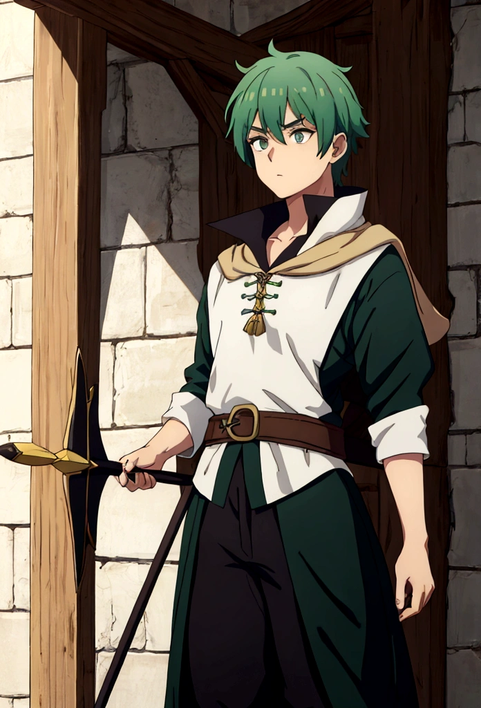 best qualityer, detailded, anime styling, white boy, pine green hair, shorth hair, eye covered with hair, eyes browns, empunhado arco e flecha detailded,best qualityer, detailded, anime styling, white boy, pine green hair, shorth hair, eye covered with hair, eyes browns, empunhado arco e flecha detailded, black outfit white and brown details, , Medieval RPG Theme, archerqueen
, Medieval RPG Theme, archerqueen.