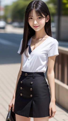 Tabletop, (Top Quality), (Masterpiece) Realistic, realistic, highly detailed, finely detailed, high resolution, 8k wallpaper,,anatomically correct body, one cute girl, (Asian girl: 1.4), (: 1.4), (Black hair: 1.3), (Straight long hair: 1.4), (Skinny: 1.3), 150cm tall, she is short, T-shirt, tartan skirt, sharp focus, perfect dynamic composition, fine and beautiful eyes, slim body, (Small chest: 1.4), (Small chest: 1.4), (Small chest: 1.4), (Small chest: 1.4), Thin hair, Detailed and realistic skin texture, smiling, standing pose, (Full body: 1.4)