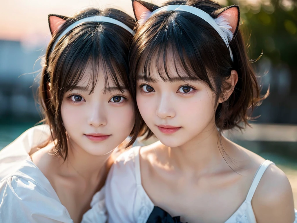 8K、Two beautiful girls,  and 14embrandt Lighting,(Photorealistic:1.2), (Highest quality), (Detailed skin:1.3), (Intricate details), Ray Tracing,Two Girls, In detail,real，RAW Photos & Realistic atmosphere,、,Detailed lips,Beautiful, shining lips, Detailed face、Cheek to cheek，,Soft white skin that shines in every detail, in the sea、Strong winds (Highest quality,masterpiece:1.3,Ultra-high resolution),(Very detailed,Caustics,8K),(Realistic:1.4,RAW shooting), In detail,real，Scattered beneath the surface,(blush:0.5), Detailed skin texture,Japanese,cute,Cat ears headband，Maid clothes，Black long and short hair,Looking at the camera,Collarbone Bare Skin,Shoulder Bare Skin,(Face Focus:1.1),(Face close-up:1.1),Sunset,Natural light