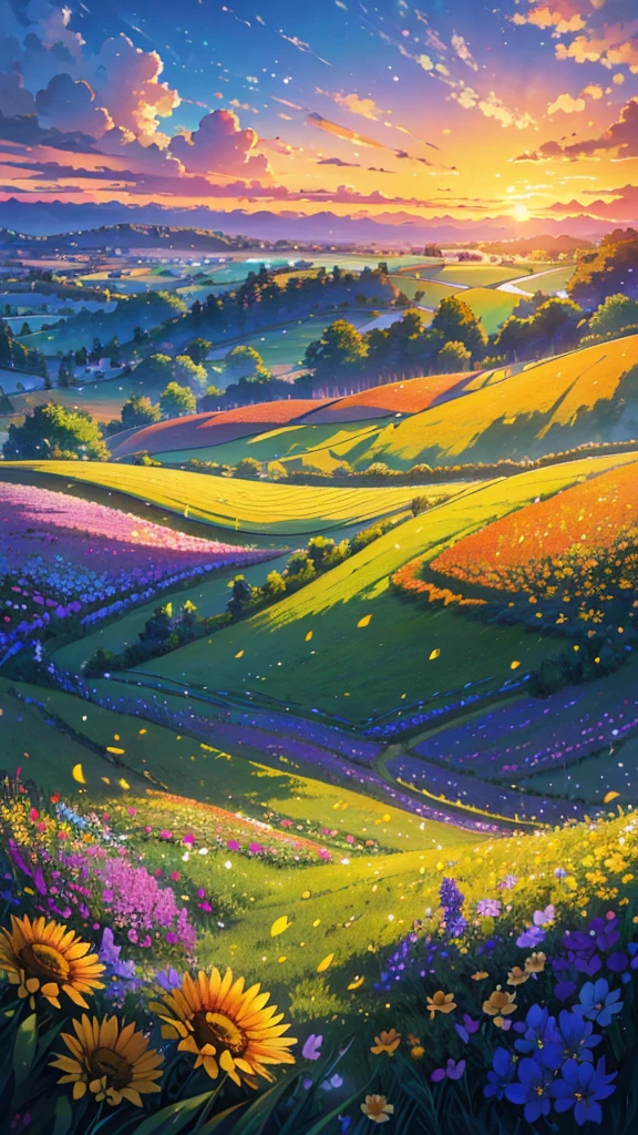 (Highest quality,High resolution,masterpiece:1.2),Super detailed,Realistic:1.37,Beautiful images,Flower Field,sunsetの景色,Low angle view,Focus on the flowers and grass,sunsetの色,Vibrant colors,Warm tones,Soft lighting,Subtle Shadows,Paint-like rendering,Impressionist style,野のFlower Field,swaying grass,Peaceful atmosphere,sunset,Serene atmosphere,Quiet environment,Immersive perspective,Natural beauty,Breathtaking views.16K, 超High resolution, 超High resolution, born,Fantastic ,future、Shining in rainbow colors、The world 30 years from now。