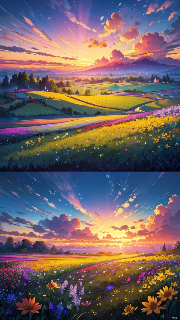 (Highest quality,High resolution,masterpiece:1.2),Super detailed,Realistic:1.37,Beautiful images,Flower Field,sunsetの景色,Low angle view,Focus on the flowers and grass,sunsetの色,Vibrant colors,Warm tones,Soft lighting,Subtle Shadows,Paint-like rendering,Impressionist style,野のFlower Field,swaying grass,Peaceful atmosphere,sunset,Serene atmosphere,Quiet environment,Immersive perspective,Natural beauty,Breathtaking views.16K, 超High resolution, 超High resolution, born,Fantastic ,future、Shining in rainbow colors、The world 30 years from now。
