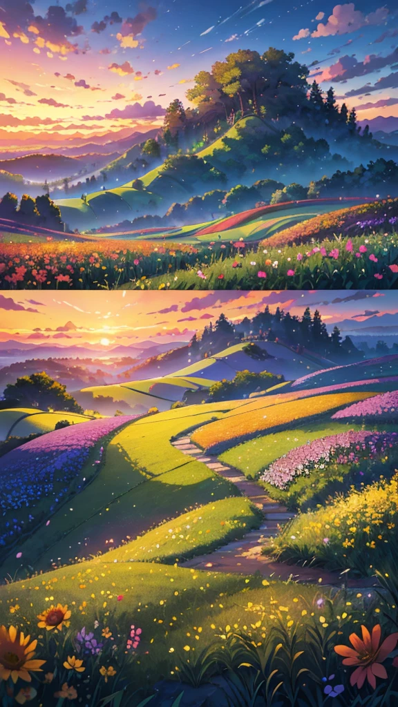 (Highest quality,High resolution,masterpiece:1.2),Super detailed,Realistic:1.37,Beautiful images,Flower Field,sunsetの景色,Low angle view,Focus on the flowers and grass,sunsetの色,Vibrant colors,Warm tones,Soft lighting,Subtle Shadows,Paint-like rendering,Impressionist style,野のFlower Field,swaying grass,Peaceful atmosphere,sunset,Serene atmosphere,Quiet environment,Immersive perspective,Natural beauty,Breathtaking views.16K, 超High resolution, 超High resolution, born,Fantastic ,future、Shining in rainbow colors、The world 30 years from now。