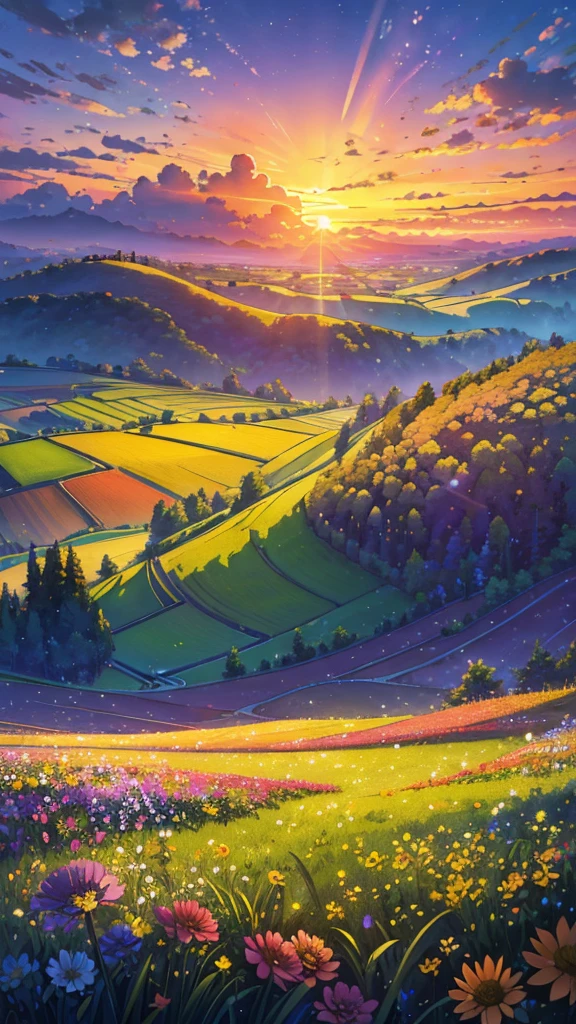 (Highest quality,High resolution,masterpiece:1.2),Super detailed,Realistic:1.37,Beautiful images,Flower Field,sunsetの景色,Low angle view,Focus on the flowers and grass,sunsetの色,Vibrant colors,Warm tones,Soft lighting,Subtle Shadows,Paint-like rendering,Impressionist style,野のFlower Field,swaying grass,Peaceful atmosphere,sunset,Serene atmosphere,Quiet environment,Immersive perspective,Natural beauty,Breathtaking views.16K, 超High resolution, 超High resolution, born,Fantastic ,future、Shining in rainbow colors、The world 30 years from now。