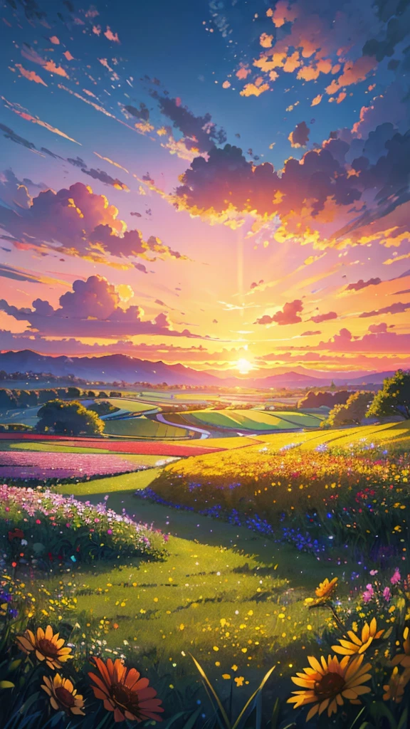 (Highest quality,High resolution,masterpiece:1.2),Super detailed,Realistic:1.37,Beautiful images,Flower Field,sunsetの景色,Low angle view,Focus on the flowers and grass,sunsetの色,Vibrant colors,Warm tones,Soft lighting,Subtle Shadows,Paint-like rendering,Impressionist style,野のFlower Field,swaying grass,Peaceful atmosphere,sunset,Serene atmosphere,Quiet environment,Immersive perspective,Natural beauty,Breathtaking views.16K, 超High resolution, 超High resolution, born,Fantastic ,future、Shining in rainbow colors、The world 30 years from now。