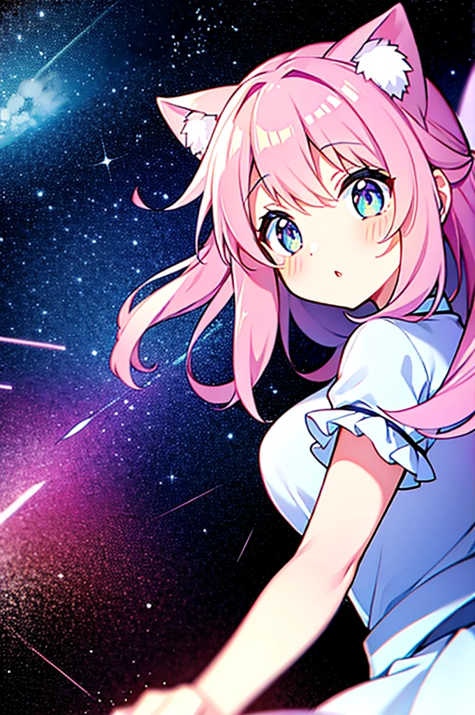 Noa senpai wa tomodachi style,pastel,glitter,Angel shota,glowing halo,cat ears,pink long hair,angel wings,Say good night,