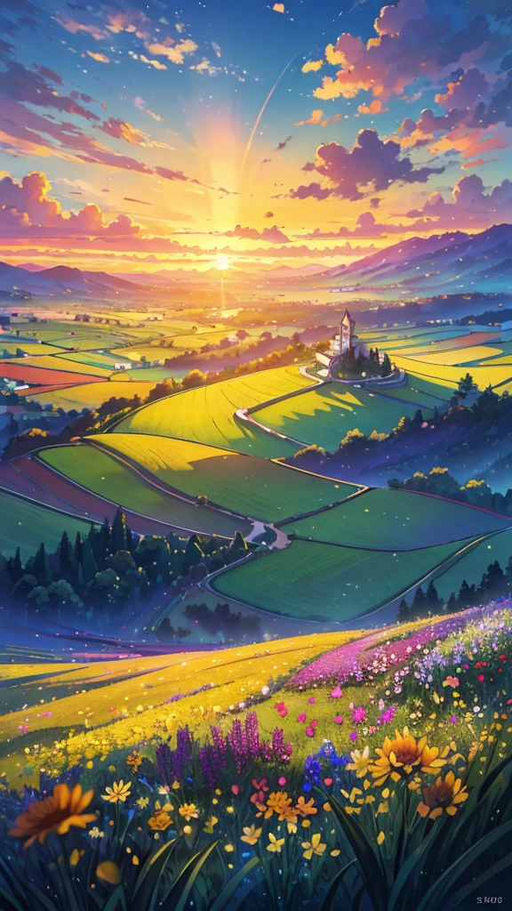 (Highest quality,High resolution,masterpiece:1.2),Super detailed,Realistic:1.37,Beautiful images,Flower Field,sunsetの景色,Low angle view,Focus on the flowers and grass,sunsetの色,Vibrant colors,Warm tones,Soft lighting,Subtle Shadows,Paint-like rendering,Impressionist style,野のFlower Field,swaying grass,Peaceful atmosphere,sunset,Serene atmosphere,Quiet environment,Immersive perspective,Natural beauty,Breathtaking views.16K, 超High resolution, 超High resolution, born,Fantastic ,future、Shining in rainbow colors、The world 30 years from now。