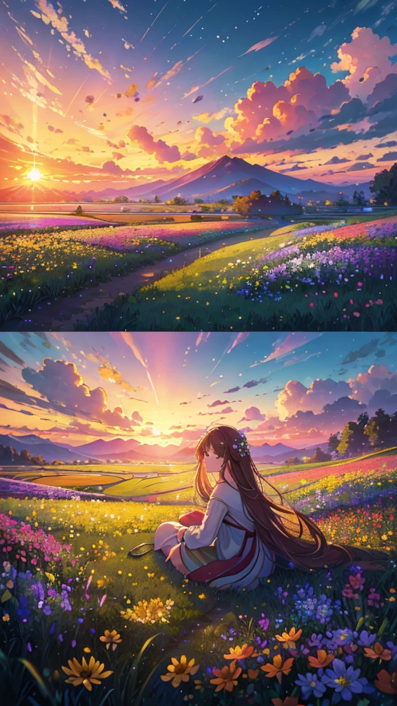 (Highest quality,High resolution,masterpiece:1.2),Super detailed,Realistic:1.37,Beautiful images,Flower Field,sunsetの景色,Low angle view,Focus on the flowers and grass,sunsetの色,Vibrant colors,Warm tones,Soft lighting,Subtle Shadows,Paint-like rendering,Impressionist style,野のFlower Field,swaying grass,Peaceful atmosphere,sunset,Serene atmosphere,Quiet environment,Immersive perspective,Natural beauty,Breathtaking views.16K, 超High resolution, 超High resolution, born,Fantastic ,future、Shining in rainbow colors、The world 30 years from now。