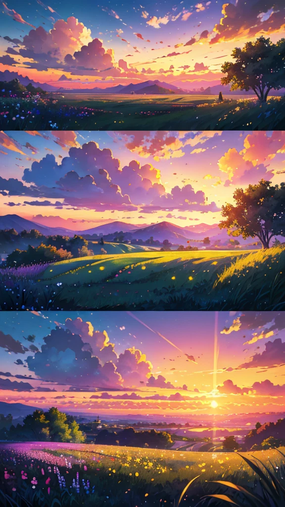 (Highest quality,High resolution,masterpiece:1.2),Super detailed,Realistic:1.37,Beautiful images,Flower Field,sunsetの景色,Low angle view,Focus on the flowers and grass,sunsetの色,Vibrant colors,Warm tones,Soft lighting,Subtle Shadows,Paint-like rendering,Impressionist style,野のFlower Field,swaying grass,Peaceful atmosphere,sunset,Serene atmosphere,Quiet environment,Immersive perspective,Natural beauty,Breathtaking views.16K, 超High resolution, 超High resolution, born,Fantastic ,future、Shining in rainbow colors、The world 30 years from now。