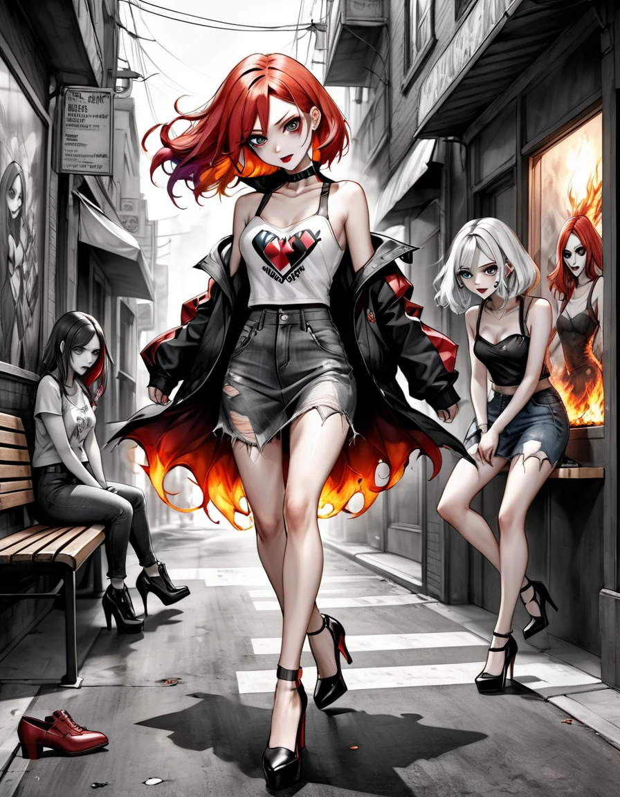 photo realism anime style Yusuke walled art Phoenix goddess Harley Quinn + avril liv with wavy cropped hair v-cut dress v-cut ripped jeans wearing high heels walking on a dark gloomy street scared style photo realism, fully detailed drawing in black and monochrome bench and only the eyes, strong fire red diamond 