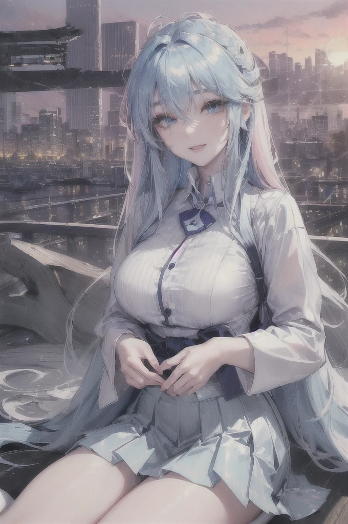 official art, masterpiece, sharp focus, (beautiful gorgeous cute Korean woman:1.3), (beautiful cute korean:1.3), korean beauty, Delicate and beautiful hair and eyes and face, realistic, ultra detailed, beautiful girl, blue sky, glow white particle, (sidelighting:1.2), sun light, white cloud, detailed clouds, slender, Lovely very large breasts and very large hips, smile with teeth, ((smile with eyes, open both eyes)), scenery, long straight hair, sexy facial expression, building, (cityscape:1.7), dynamic hair, long straight hair, detailed platinum pink hair, glow blue eyes, (blue pleated shirts + white skirt), white long socks, pale skin, hair ornament, epic scenery,