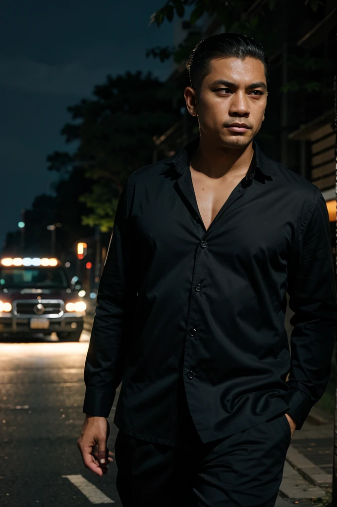 A handsome Indonesian mafia boss, is walking with a gang of mafia, Undercut hair is combed neatly, night road background, real photo, professional photo, clear photo, realistic photo, full HD, 4k 