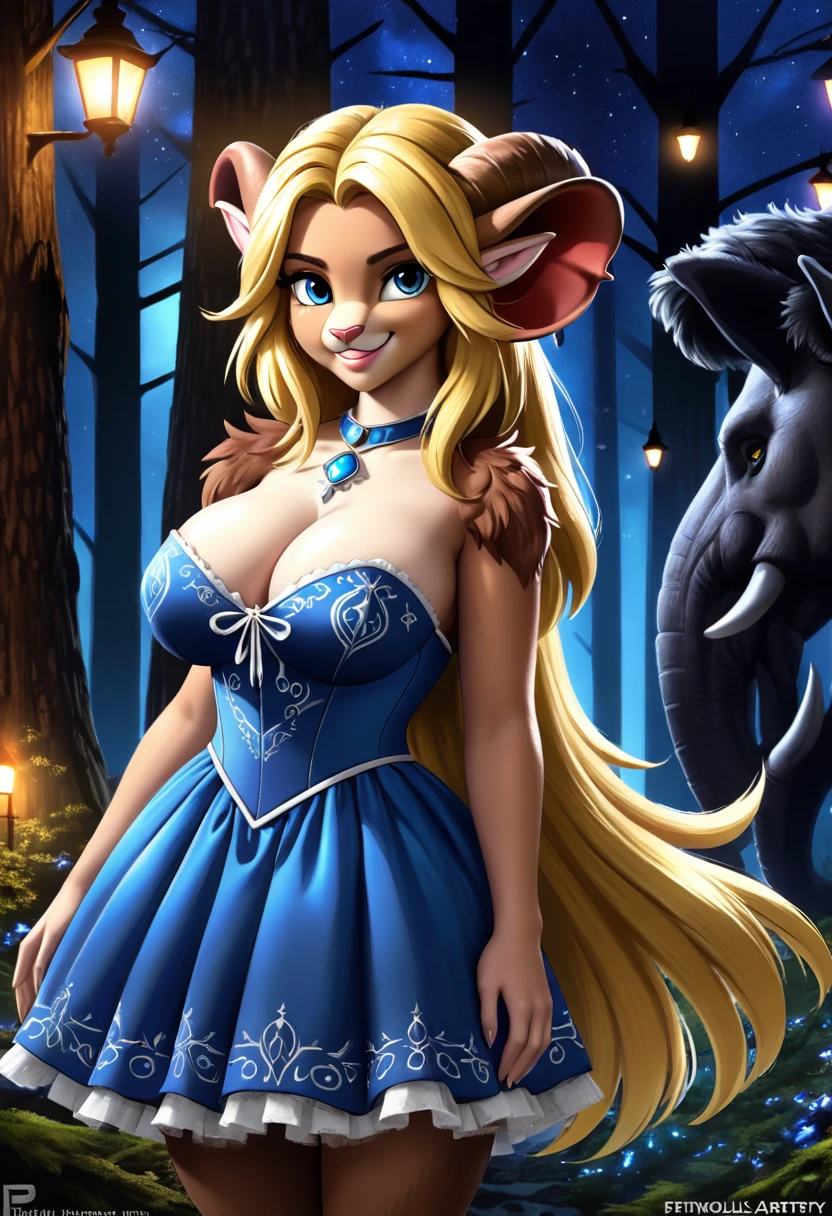 Colored pencil sketch with a hybrid fairytale and science fiction theme. The scene features an extremely beautiful model, a 20-year-old female a beautiful woolly mammoth deer woman appears with a humanoid, furry appearance and large elephant-shaped ears. She has bright eyes, thick fleshy lips, and a wide smile, with long blonde hair, realistic and perky breasts, and visible cleavage. She wears a Renaissance-era dress and stands in a sexy pose, smiling widely with detailed, wide eyes and an alluring gaze. The art style is ultra HD, rococo-inspired fantasy art with intricate details, showcasing her cute, charming expression and ideal figure. She has large, youthful, well-shaped breasts and an attractive, showcased ass, a slim waist, and a fit body with full, luscious lips. Warm lights illuminate the dreamy forest at night where she stands, with fluffy hair and a delicate, realistic face.
Incorporate a photorealistic blend of Scarlett Johansson, Alison Brie, and Selena Gomez with a symmetrical face, detailed in 8K high resolution, top-quality artistry in the style of "Breath of the Wild." The masterpiece features graphite shading, stencil marks, and airbrushed acrylic paint.