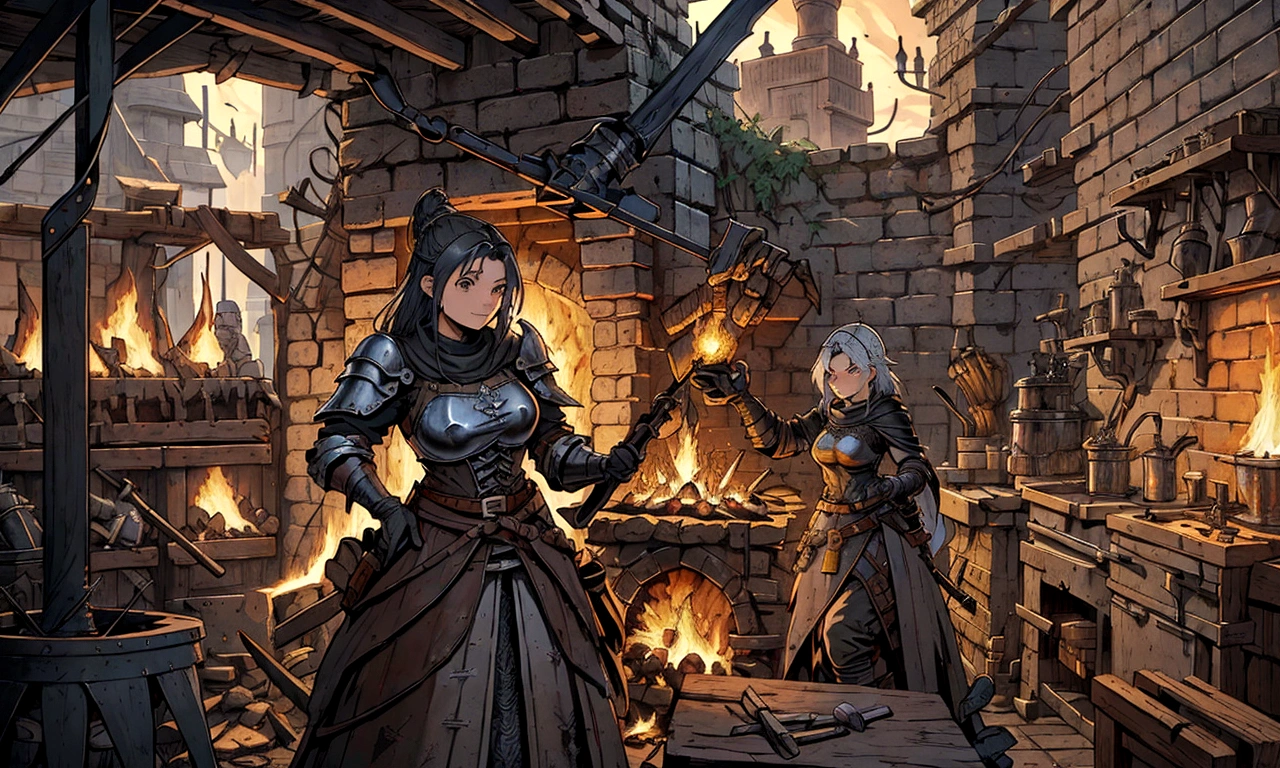 araffes in a blacksmith shop working on a piece of metal, blacksmith, the blacksmith, working in the forge, blacksmith product design, medieval fantasy game art, female blacksmith, detailed game art illustration, forge, smelters, medieval concept art, by László Balogh, 3 d game art, 3d game art