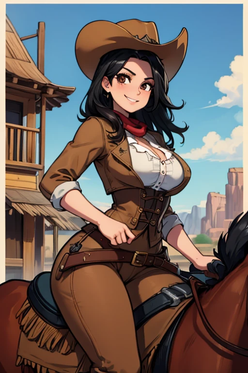Perfect face, Perfect hands. A black haired female cowgirl with brown eyes and an hourglass figure in a conservative cowgirl's outfit is riding back into a wild west town with a big smile