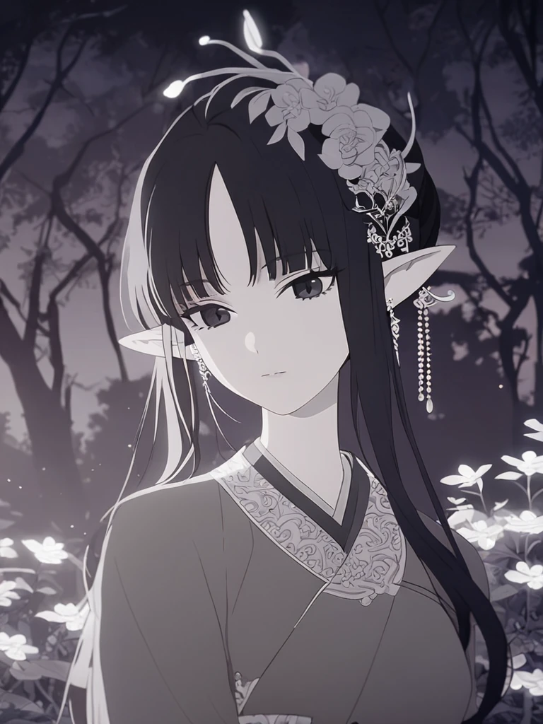 1woman, gloomy, elven, black hair, polite hairstyle, bangs, dark black eyes, night garden, elegant, traditional thai costume,