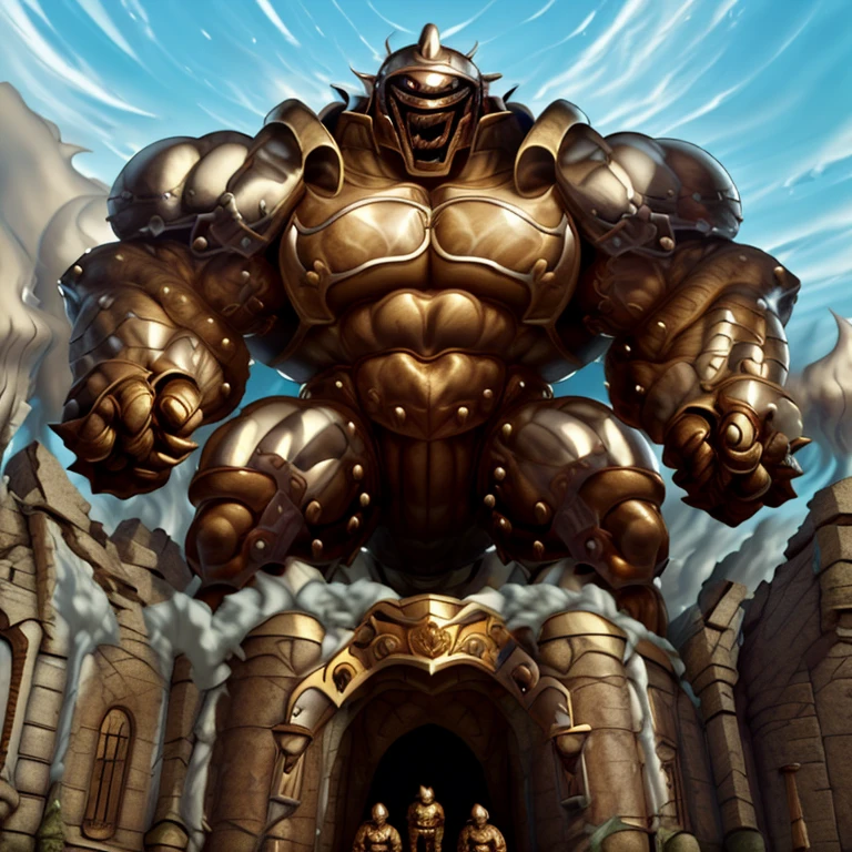 SOLO (masterpiece. official art. 8k. best quality. detailed full body. full body.)

(situation 1 : dominating Armored Flazzard. Armored Flazzard is over 1000 meters long. focus GIANT mechanical Muscular Armored Flazzard is trampling the city. Looking down. macro. stomp. Low-angle perspective. emphasizing the immense size.)

(situation 2 :smoke and flames rising from the destruction in the city)

(Additional details 1: real texture material. whole body shines like metal. emphasizes the muscles. suit fully made of metal.).

(Additional details 2: Detailed head. Detailed Body. Detailed abs. gigantic muscles. HYPER MUSCLES. Gigachad Muscular. big muscle. pecs. triceps. traps. unusually developed muscular body. body full of huge muscles. showing off muscles. pectorales enormes. Exaggeratedly huge muscles. huge muscles. long legs.). (Additional details 3: Spread wings. It has wings. The claws are sharp. Sharp teeth.). He is laughing defiantly. The claws are sharp. Sharp teeth.). 

(Additional details 3.5 : nj5furry,  He is laughing defiantly. medieval armor.). 

(Additional details 4: golden dick, golden cock, golden hyper penis. hyper golden penis. big penis)
