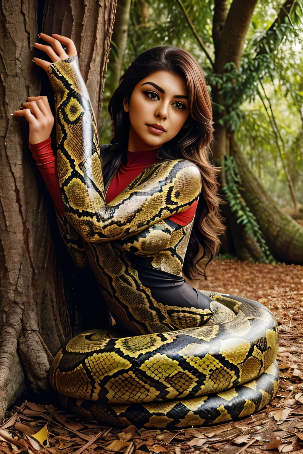 Hansika Motwani as a snake, She is a serpent, she is looking there while wrapping herself around the trees. Half of her body is like a human and half is like a serpent. The serpent part is very big and is wrapping itself around the tree, red serpent. Red colour serpent , proper snake shape