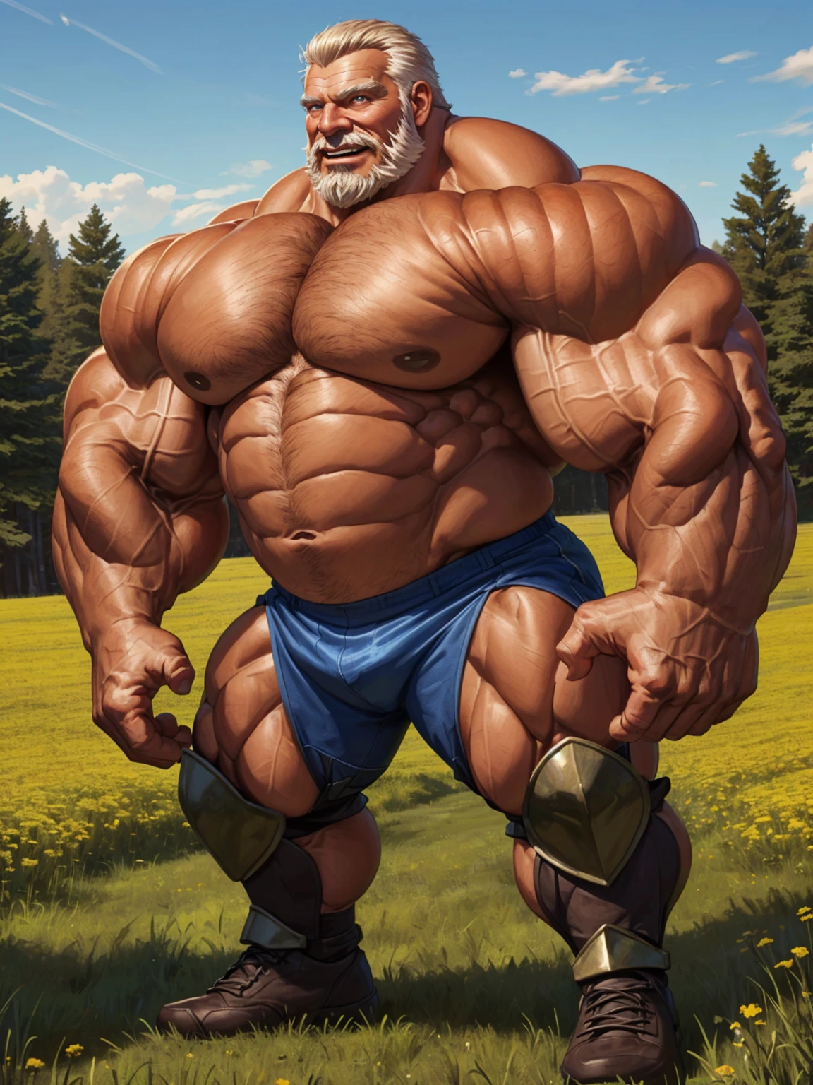 huge muscular old man in meadow, wearing armor, battle fields, white and short hair, white beard, old, old man, grandpa, (huge muscular), detailed muscles, 8k, masterpiece:1.2, hyper realistic, highly detailed full body, ((really big muscle, massive muscular, sixpack, thick arms, wide pectoral, super huge muscle, hyper muscular, over sized muscle, huge arms, big arms, huge pectoral)), natural lighting wrinkled skin, happy expression