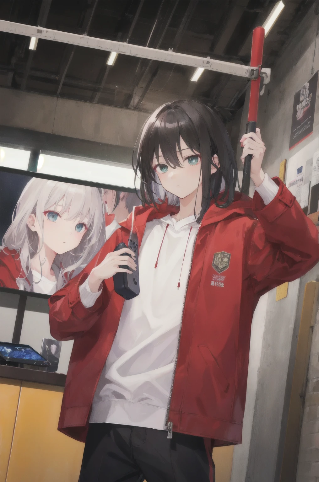 8K,high resolution,absurd,masterpiece,best quality,The original,Extremely detailed CG,Extremely detailed wallpaper,Perfect lighting,1 Boy,Black medium length hair,Straight Hair,Bangs on both sides,A volleyball hit him in the head from the right.,Calm expression,big eyes,Holding a game console,Red hooded coat,White sweatshirt,Black trousers