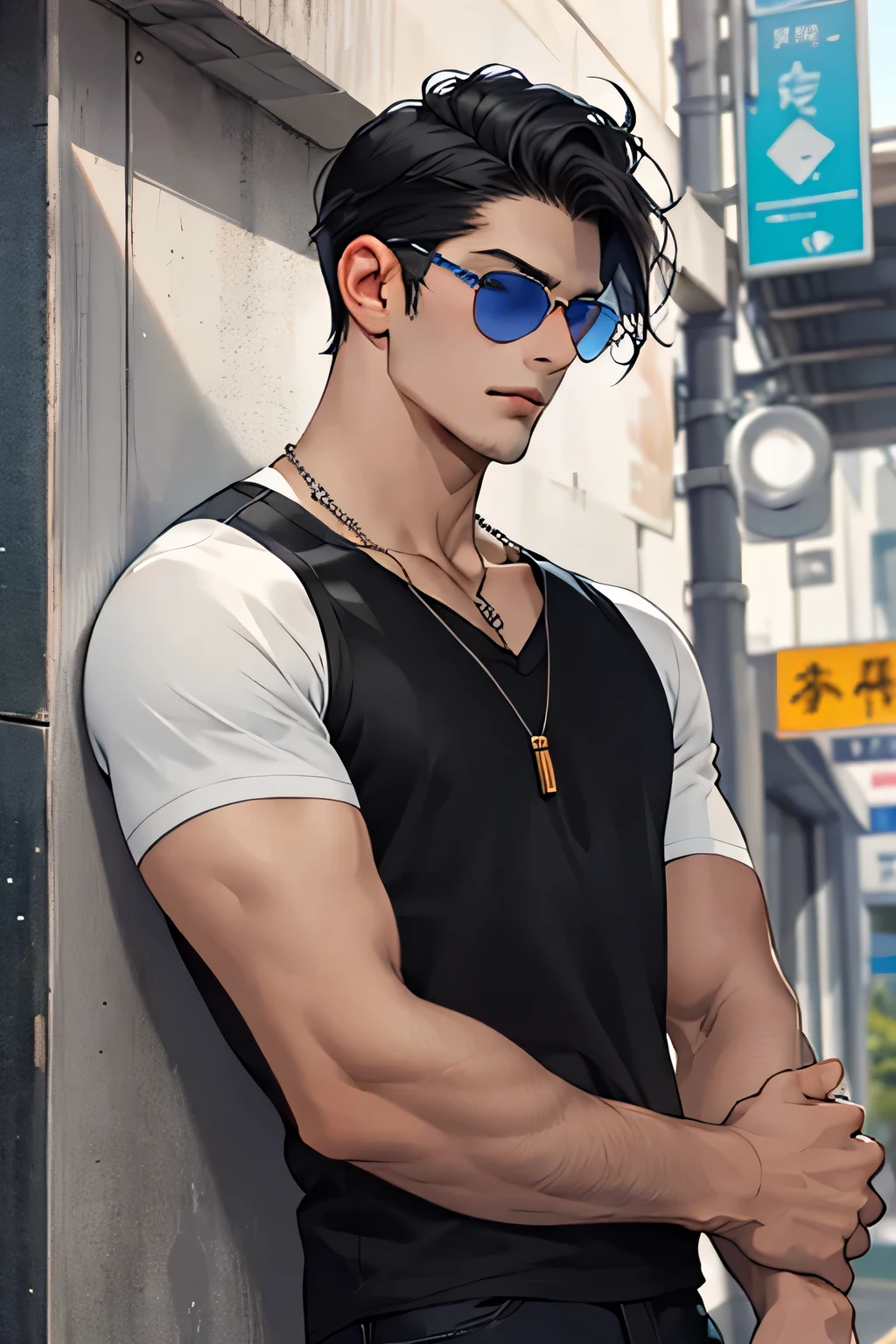 realistic，（masterpiece，top quality，Best quality，official art），very detailed，Colorful，The most detailed，God，Shorter hair，black hair color，Handsome，necklace，short sleeve，outskirts，Sunglasses