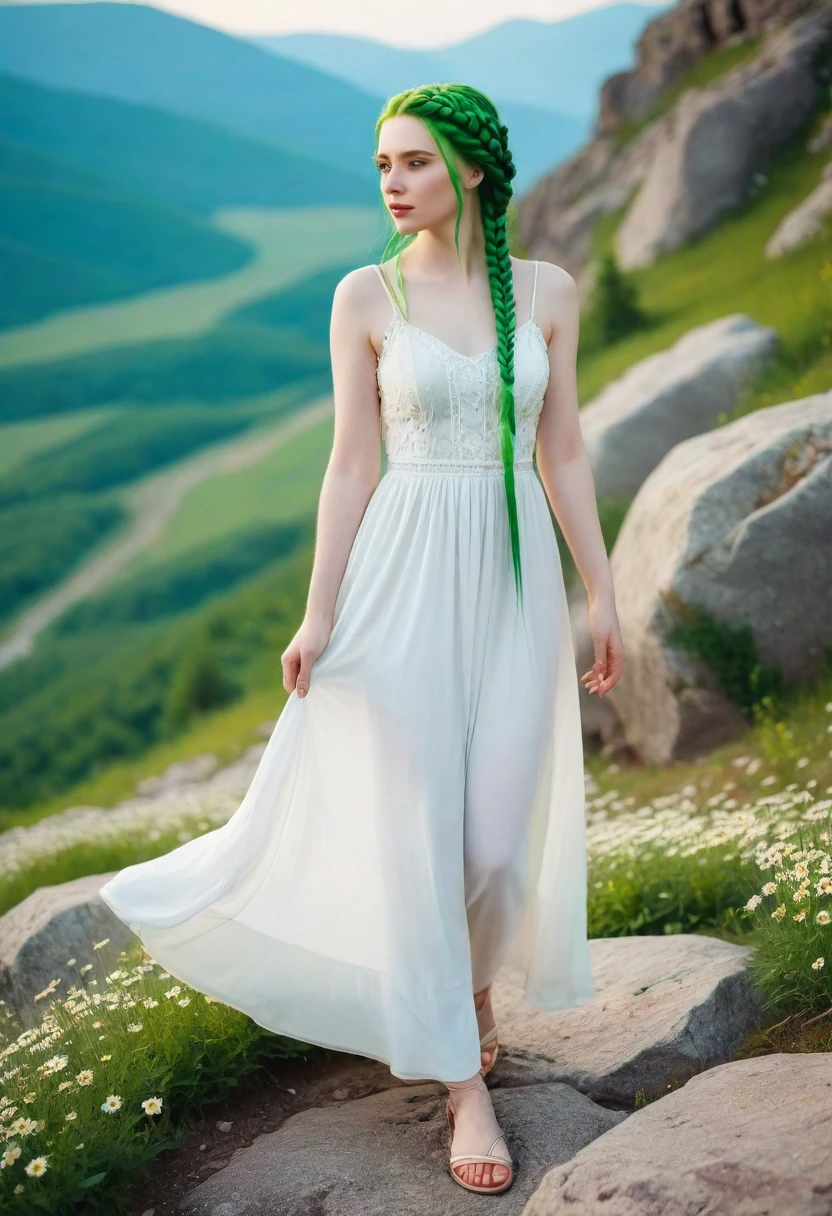 beautiful woman with pale skin, with green braids , in which there are many daisies growing, a woman in a white dress, slim , walks on mountain rocks , masterpiece 