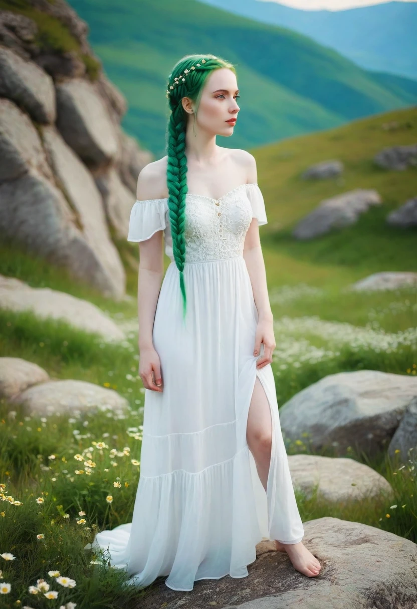 beautiful woman with pale skin, with green braids , in which there are many daisies growing, a woman in a white dress, slim , walks on mountain rocks , masterpiece