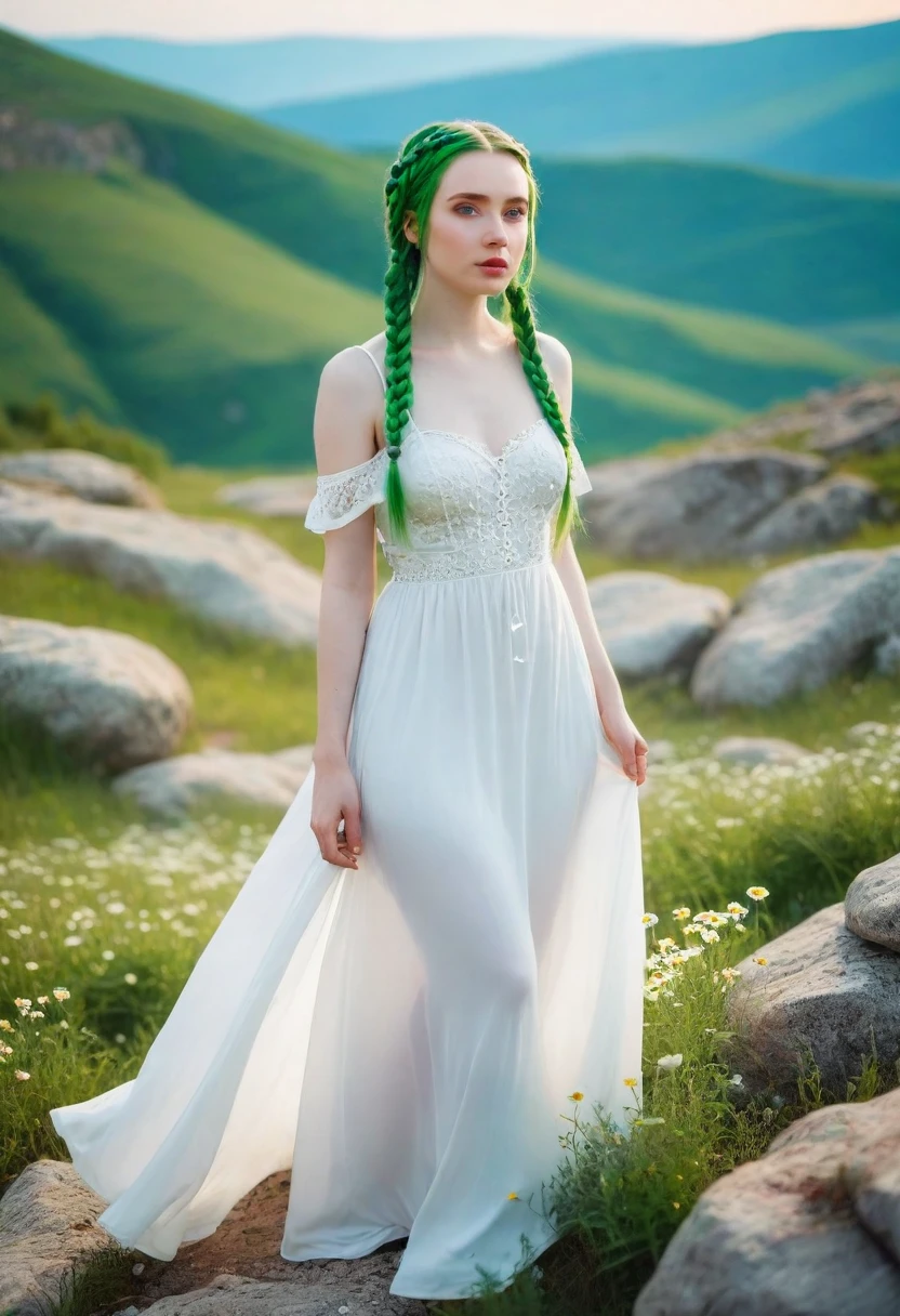 beautiful woman with pale skin, with green braids , in which there are many daisies growing, a woman in a white dress, slim , walks on mountain rocks , masterpiece 