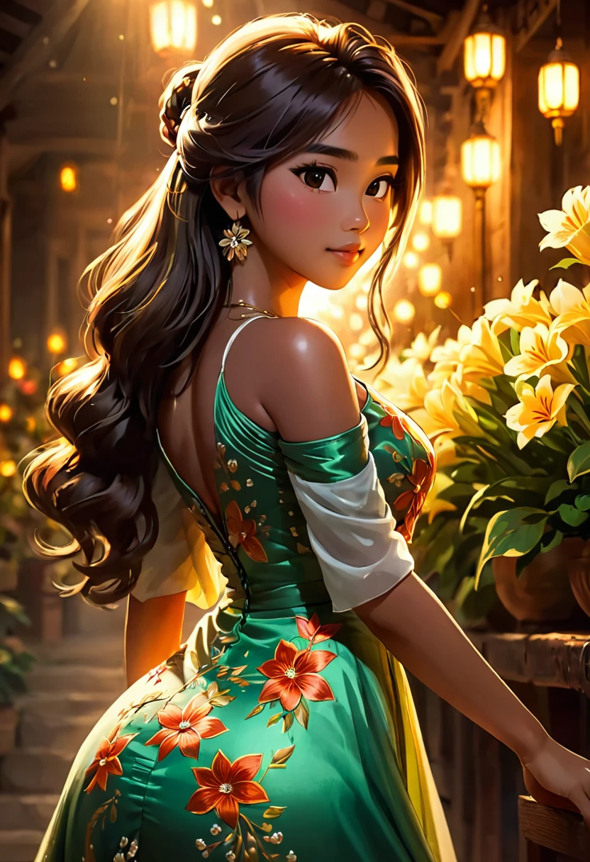 Myanmar girl big ass Myanmar dress Flower drawing very detail, soft lighting glow effect, cinematic look, beautiful hair
