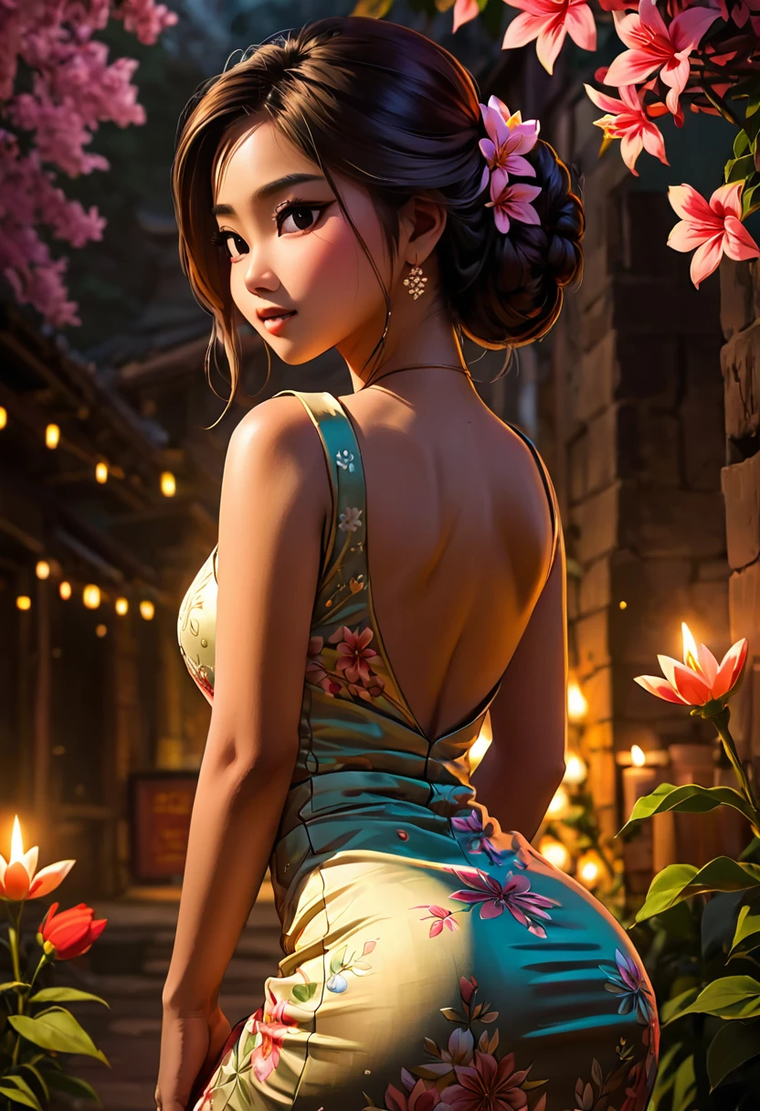 Myanmar girl  big ass Myanmar dress Flower drawing very detail, soft lighting glow effect, cinematic look, beautiful hair