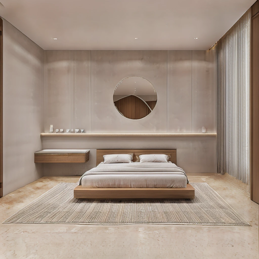 The bedroom has 1 modern bed, gray painted walls, 1 window curtain, circular bedside decorative painting, 1 plush carpet, 1 dressing table, luxurious colors, tiled floor