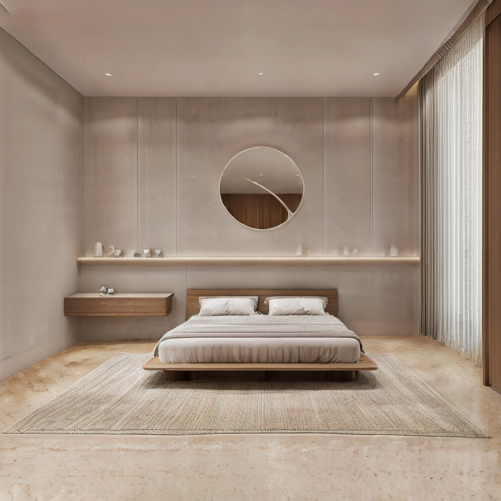 The bedroom has 1 modern bed, gray painted walls, 1 window curtain, circular bedside decorative painting, 1 plush carpet, 1 dressing table, luxurious colors, tiled floor