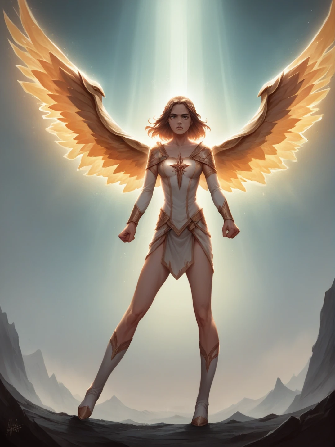 a fallen warrior angel,dramatic fantasy,dramatic lighting,dramatic pose,dramatic expression,emotional,introspective,redemption journey,guilt,shame,seeking forgiveness,divine powers,celestial landscape,glowing wings,sacred relic,moody atmosphere,cinematic,highly detailed,photorealistic,award winning illustration,digital art
