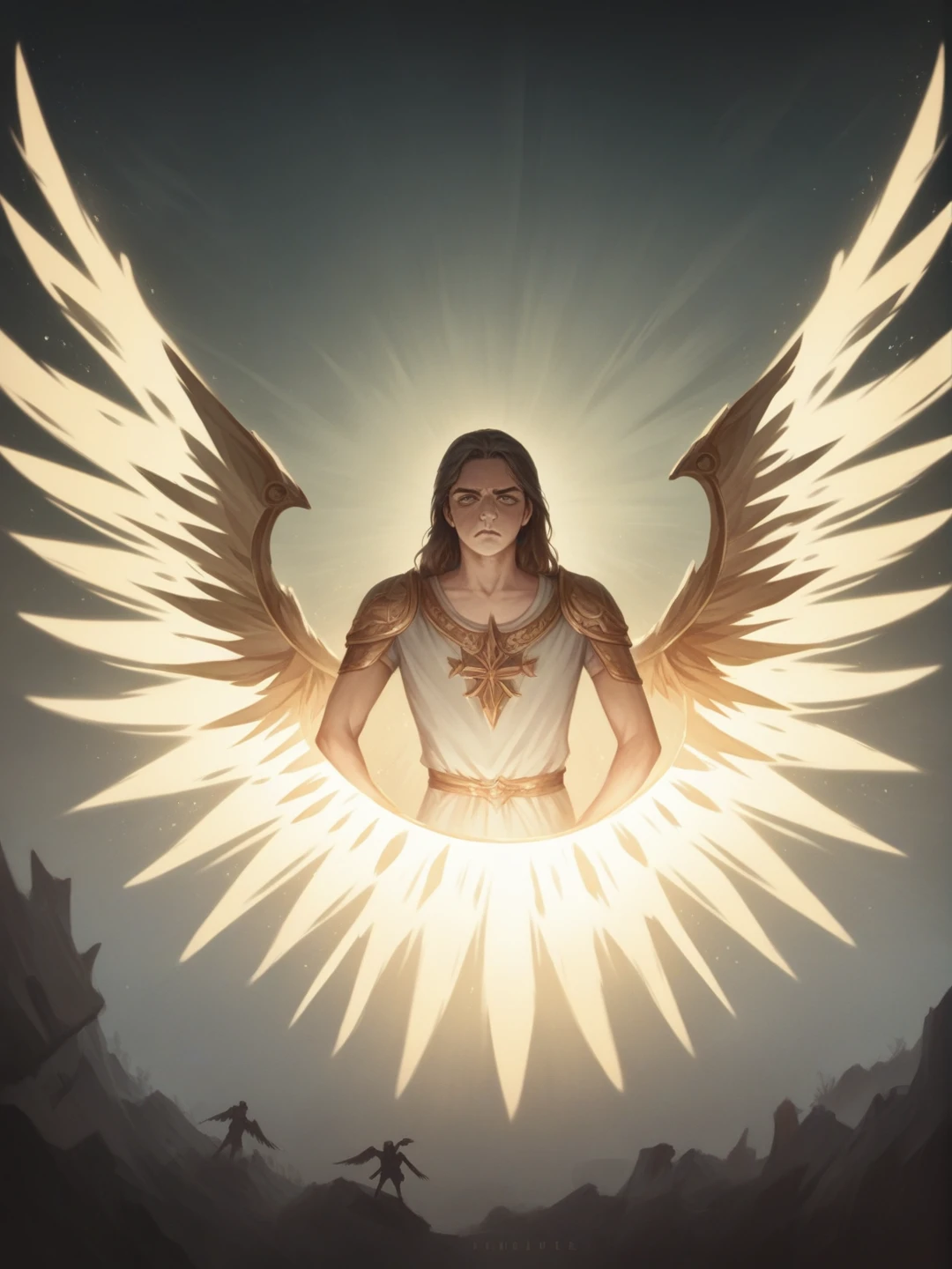 a fallen warrior angel,dramatic fantasy,dramatic lighting,dramatic pose,dramatic expression,emotional,introspective,redemption journey,guilt,shame,seeking forgiveness,divine powers,celestial landscape,glowing wings,sacred relic,moody atmosphere,cinematic,highly detailed,photorealistic,award winning illustration,digital art