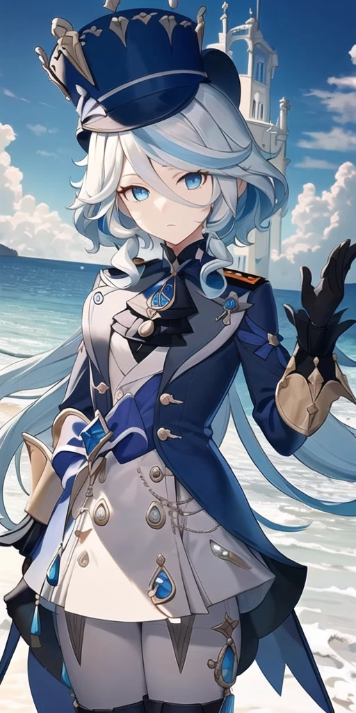"Depict Furina from Genshin Impact wearing a Soviet naval officer uniform. The outfit should include a dark naval coat with gold buttons, a high-collared white blouse, dark trousers, and polished black boots. She should also wear a peaked naval cap adorned with a Soviet emblem. Features of Furina: blue eyes, long white hair, and a serious expression. The background should feature the Black Sea in winter, with a cold, snowy landscape and the sea in the distance under a cloudy sky."