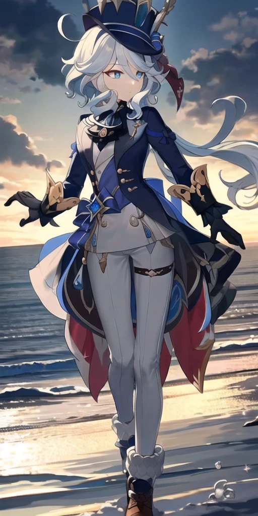 "Depict Furina from Genshin Impact wearing a Soviet naval officer uniform. The outfit should include a dark naval coat with gold buttons, a high-collared white blouse, dark trousers, and polished black boots. She should also wear a peaked naval cap adorned with a Soviet emblem. Features of Furina: blue eyes, long white hair, and a serious expression. The background should feature the Black Sea in winter, with a cold, snowy landscape and the sea in the distance under a cloudy sky."