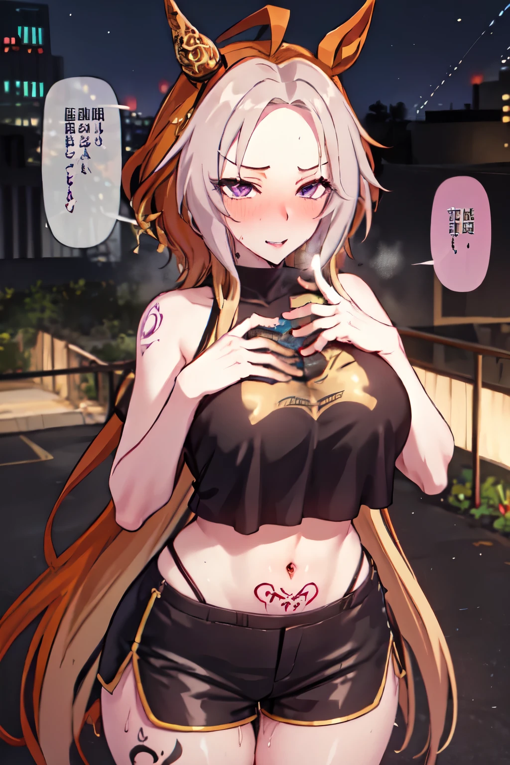 masterpiece, Highest quality, 1 person,( Are standing, View your viewers),Detailed Background、A person who writes in detail、Accurate human body、Knowledgeable person、Accurate 5 fingers, woman,Curvy body,alone, orfevre\(umamusume\),,crop top, dolphIn shorts, pussy juIces, Condom,used Condoms,tattoo,Text,body Text,nsfw, 1gIrl, at hotel, at nIght, (((NTR))), mIddle fInger, blush, ahegao, (((slut))), ..I., lookIng at vIewers, dark_skInned man, tatoo, spade tatoo, (((QoS))), heart pupIl, black bIg dIck, bIg penIs, penIs,
