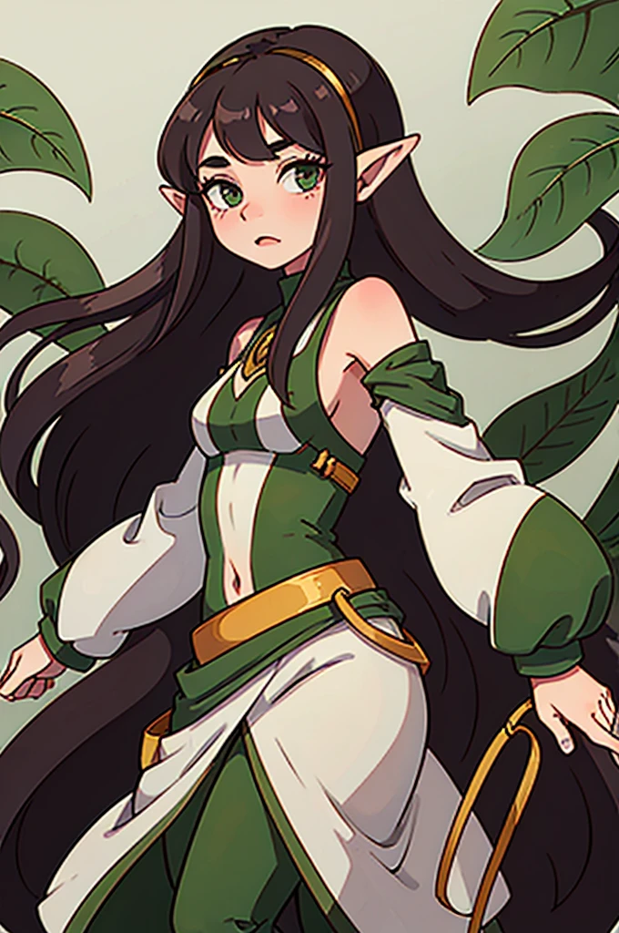 Long hair, dark brown hair, green afilate eyes with long eyelashes, full mouth, low height, sinuous hips, lottle-medium , elf ears, red checks natural