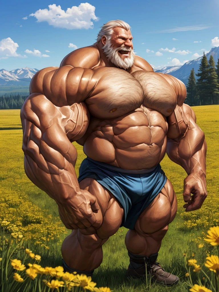 huge muscular old man in meadow, wearing armor, battle fields, white and short hair, white beard, old, old man, grandpa, (huge muscular), detailed muscles, 8k, masterpiece:1.2, hyper realistic, highly detailed full body, ((really big muscle, massive muscular, sixpack, thick arms, wide pectoral, super huge muscle, hyper muscular, over sized muscle, huge arms, big arms, huge pectoral)), natural lighting wrinkled skin, happy expression